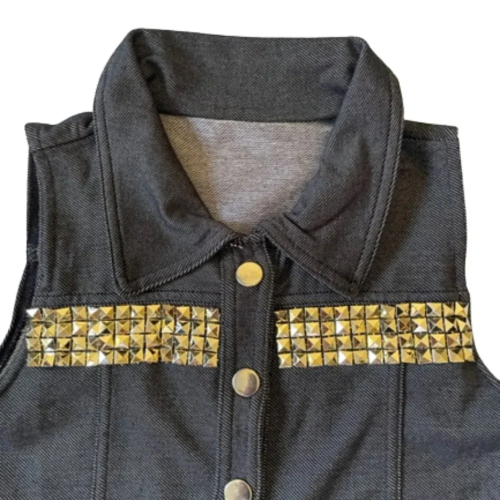 Sleeveless Crop Top Vest with Gold Pyramid Studs. 4 front fasteners. ‎ Size M